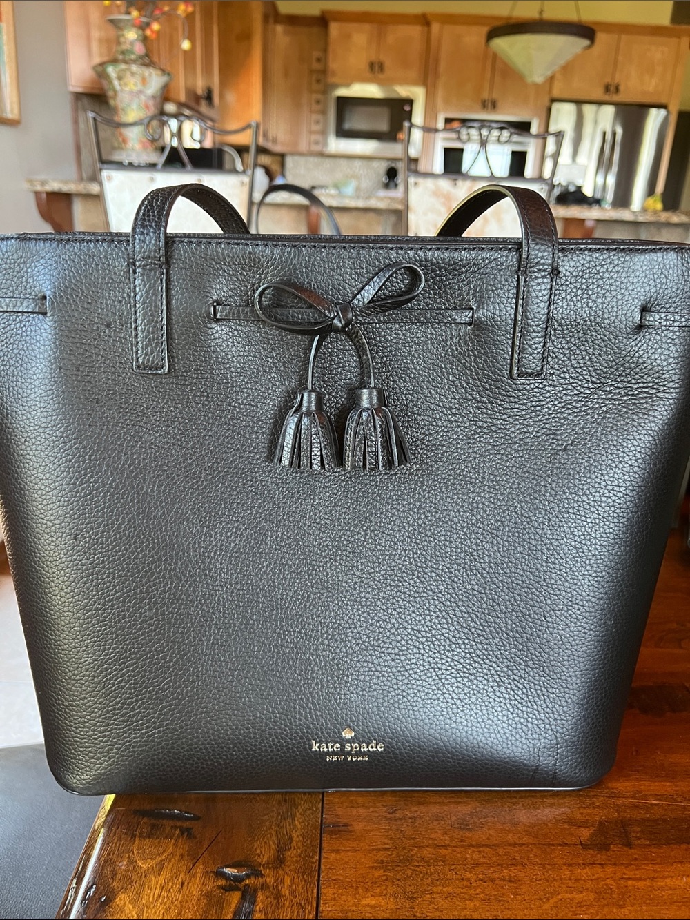 kate spade Black Pebbled Leather Tote with Tassel Bow